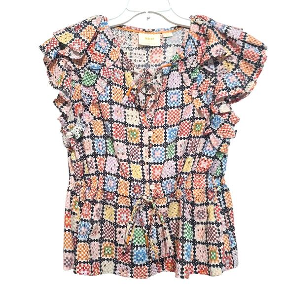 Anthropologie Tops - Maeve Anthropologie Eyelet Patchwork Blouse Multi XS GUC Tie Waist Ruffles